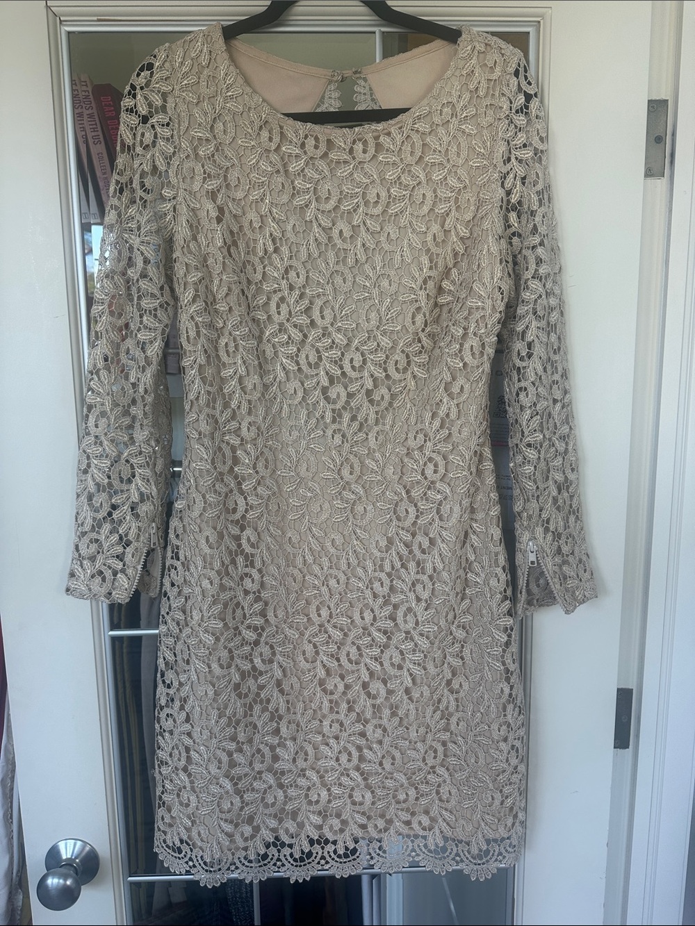 Betsy & Adam Taupe Lace Long-Sleeve Sheath Dress